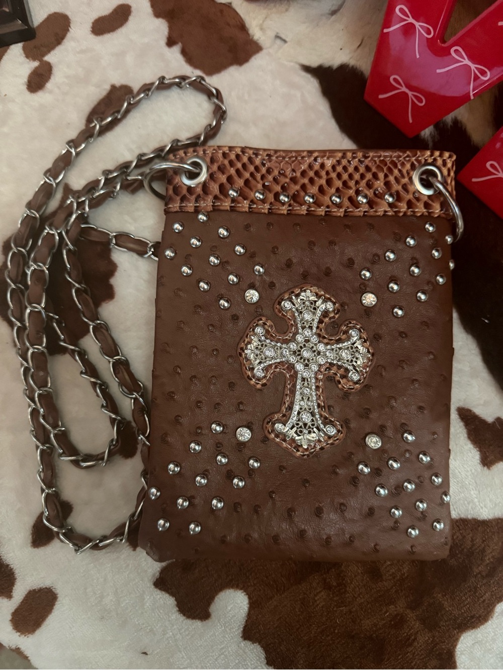 Embellished Brown Crossbody Bag with Rhinestone Cross - Picture 1 of 3